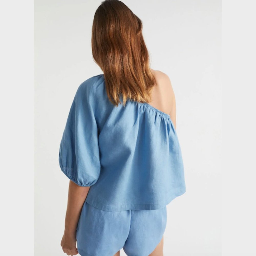 Seed Heritage Blue Linen One Shoulder Blouse Top Size 10 Asymmetric Casual Women - Picture 4 of 16